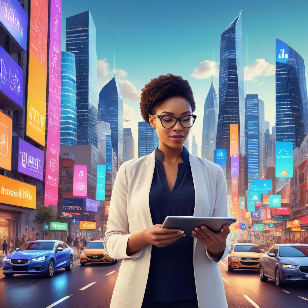 A diverse group of people engaged in a lively discussion over digital devices, surrounded by floating icons representing various insurance options like auto, health, and home. The backdrop features a futuristic city skyline illustrating the digital landscape, with bold colors reflecting affordability and clarity. Emphasize accessibility and innovation in insurance. vibrant colors. 3D. white background.